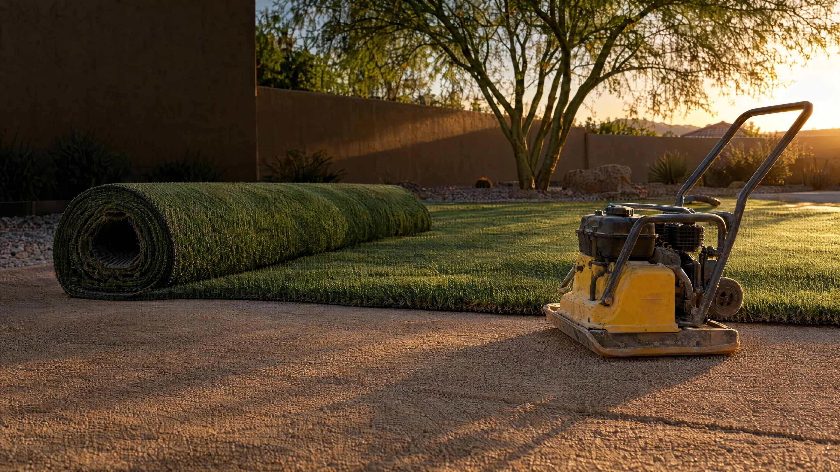 Compacted crushed granite base with a roll of turf ready to install