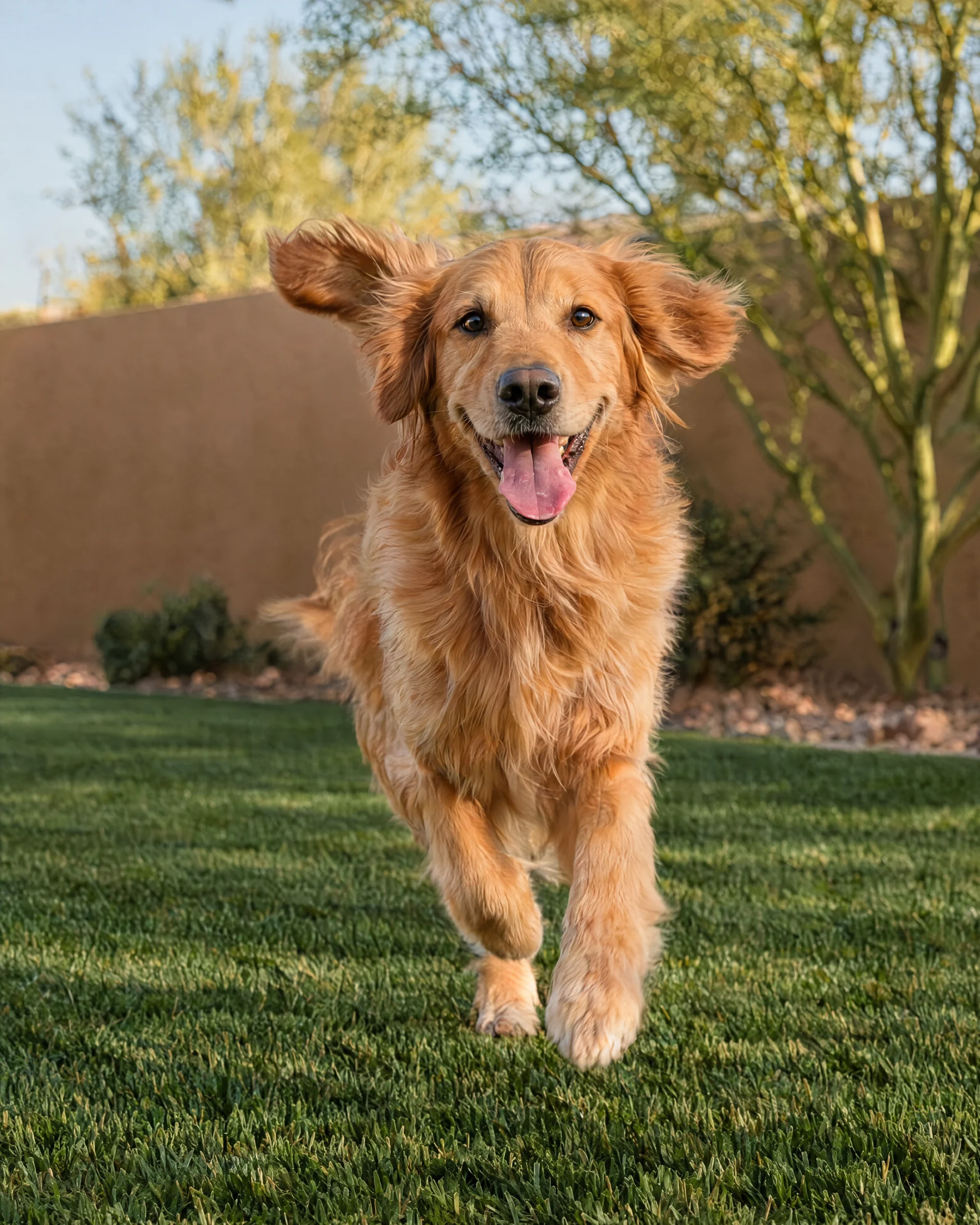 Golden retriever running on pet turf